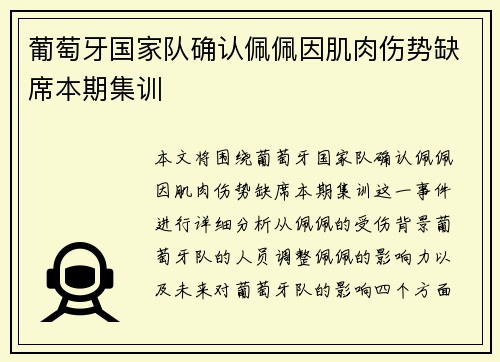 葡萄牙国家队确认佩佩因肌肉伤势缺席本期集训